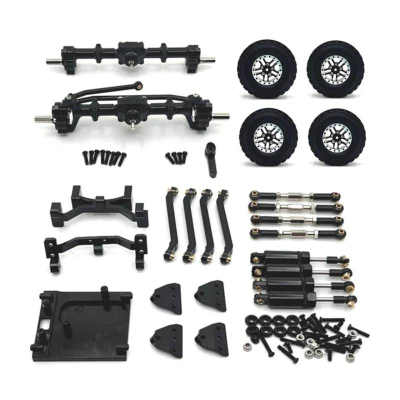QAWRYV RC Upgrade Zubehör Für MN99S 2. Generation 1/12 RC-Car Portalachse Vorne Und Hinten Für Chassis Verbindungsstange Zugstangenhalterung Stoßdämpfer Reifensatz(Black) von QAWRYV