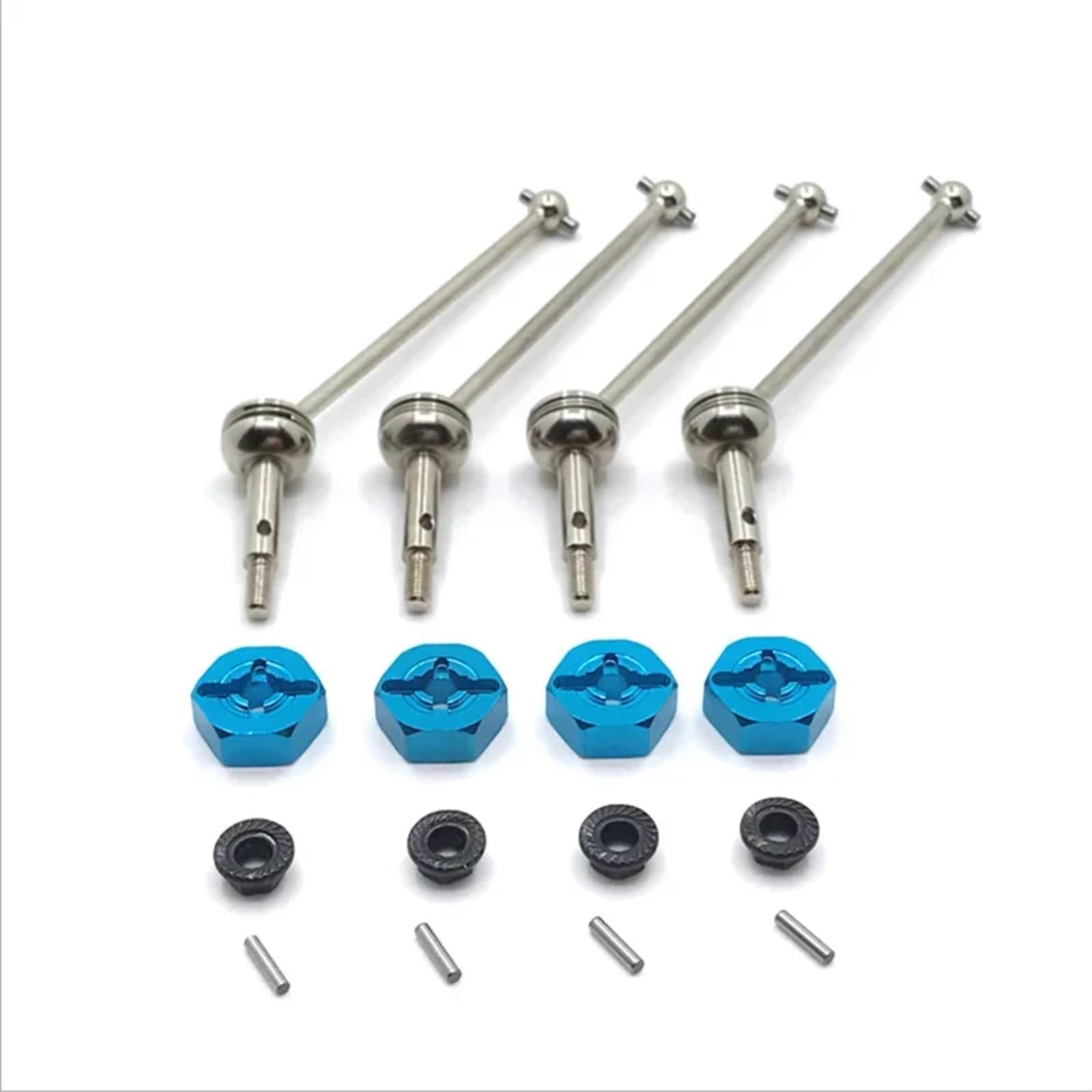 QAWRYV RC Upgrade Zubehör Für Wltoys 144001 144002 144010 124007 124016 124017 124018 124019 4 Stücke Metall Antriebswelle Und 12mm Rad Hex Adapter RC Auto Upgrade Teile(Silver Blue) von QAWRYV