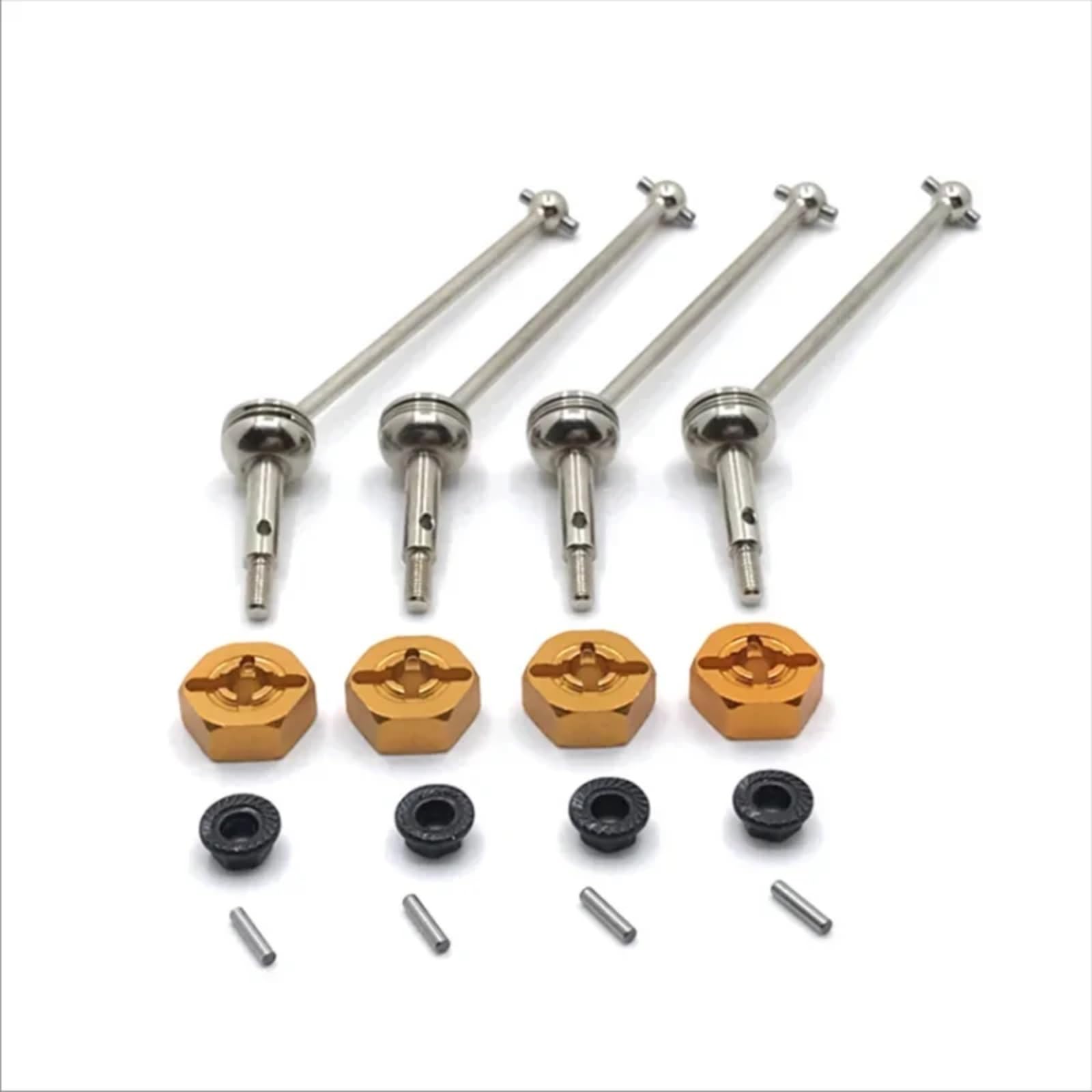 QAWRYV RC Upgrade Zubehör Für Wltoys 144001 144002 144010 124007 124016 124017 124018 124019 4 Stücke Metall Antriebswelle Und 12mm Rad Hex Adapter RC Auto Upgrade Teile(Silver Yellow) von QAWRYV