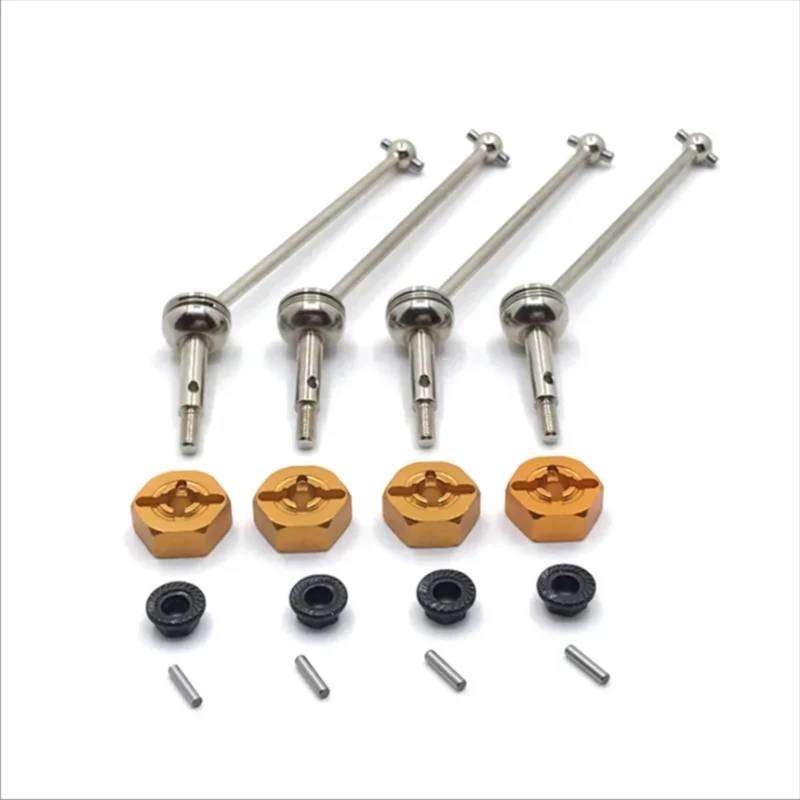QAWRYV RC Upgrade Zubehör Für Wltoys 144001 144002 144010 124007 124016 124017 124018 124019 4 Stücke Metall Antriebswelle Und 12mm Rad Hex Adapter RC Auto Upgrade Teile(Silver Yellow) von QAWRYV