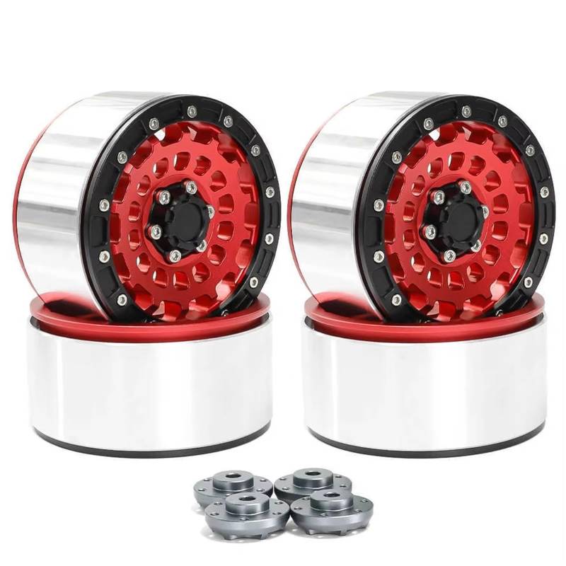 QAWSED RC Autozubehör Kompatibel Mit Axial Für SCX10 Für Wraith Für Capra Für TRX4 YK4082 1/8 1/10 RC Crawler Auto 4 Stück 2,6" Metall Beadlock Felge Radnabe(Red) von QAWSED