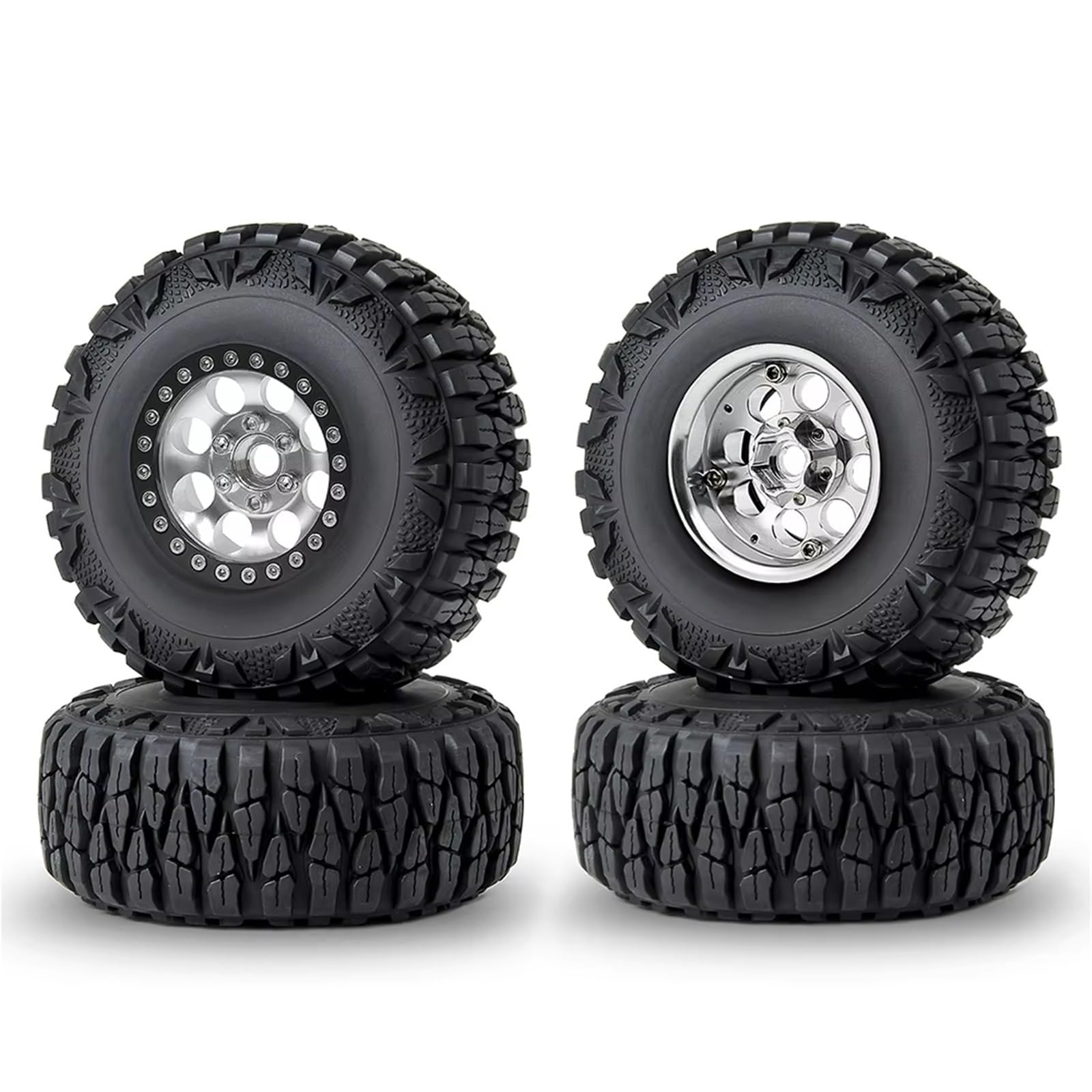 QAWSED RC Autozubehör Kompatibel Mit Axial Für Scx10 Für TRX4 Für TRX6 CC01 F350 D90 1/10 RC Crawler Car Teile 4pcs Metall 1,9 "Beadlocke Rad Rand Reifen Set(Silver Black Set) von QAWSED
