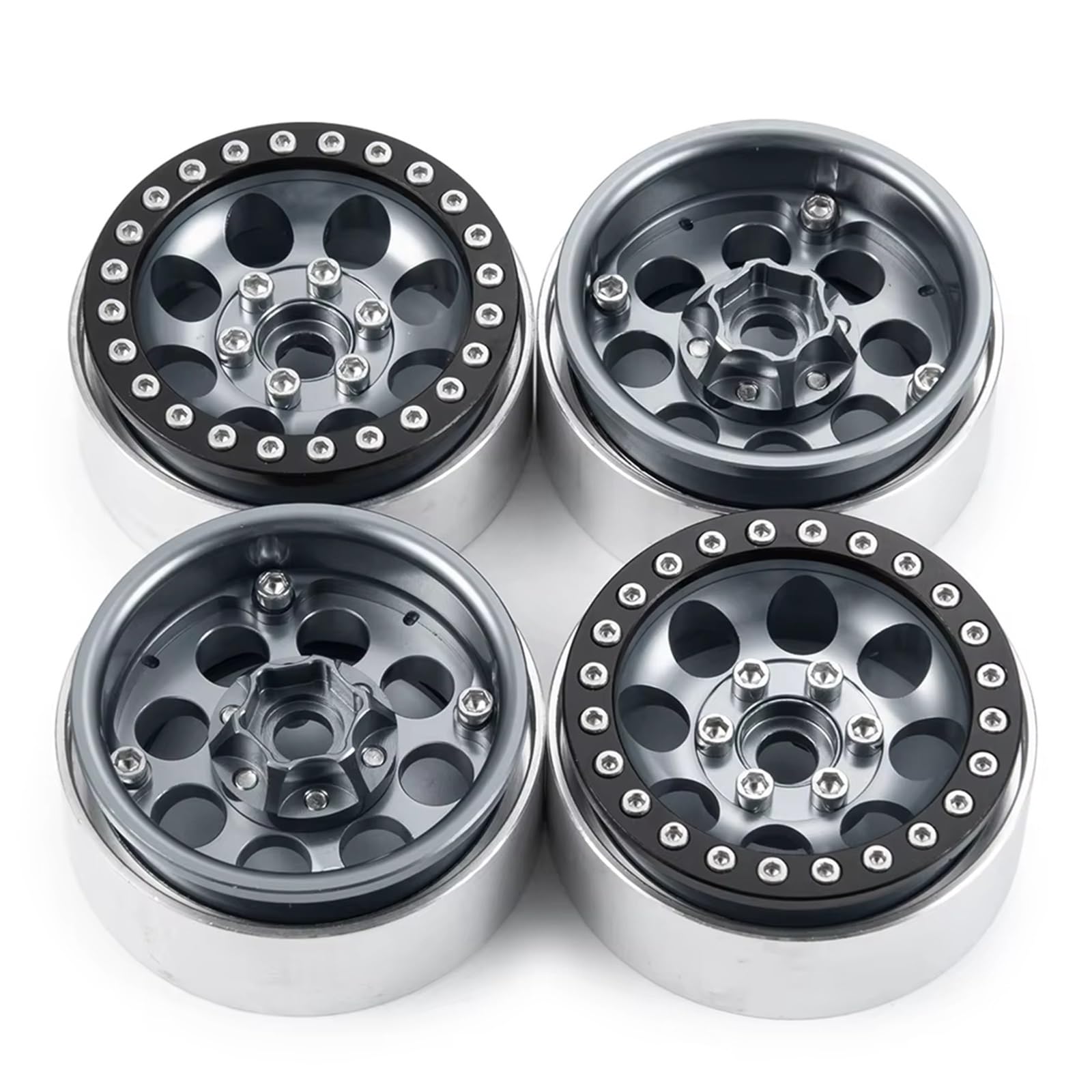 QAWSED RC Autozubehör Kompatibel Mit Axial Für Scx10 Für TRX4 Für TRX6 CC01 F350 D90 1/10 RC Crawler Car Teile 4pcs Metall 1,9 "Beadlocke Rad Rand Reifen Set(Wheels-Gray) von QAWSED