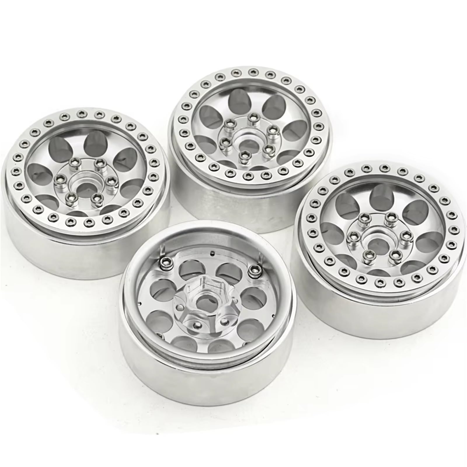 QAWSED RC Autozubehör Kompatibel Mit Axial Für Scx10 Für TRX4 Für TRX6 CC01 F350 D90 1/10 RC Crawler Car Teile 4pcs Metall 1,9 "Beadlocke Rad Rand Reifen Set(Wheels-Silver) von QAWSED