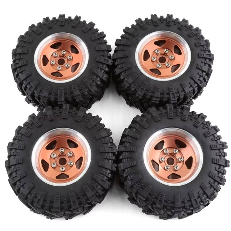 QAWSED RC Autozubehör Kompatibel Mit TRX4 D90 Für Axial Für SCX10 II III 1/10 RC Crawler Car 4Stk. 98Mm Metall 1,9 Zoll Beadlock-Felge Gummireifensatz(Yellow) von QAWSED