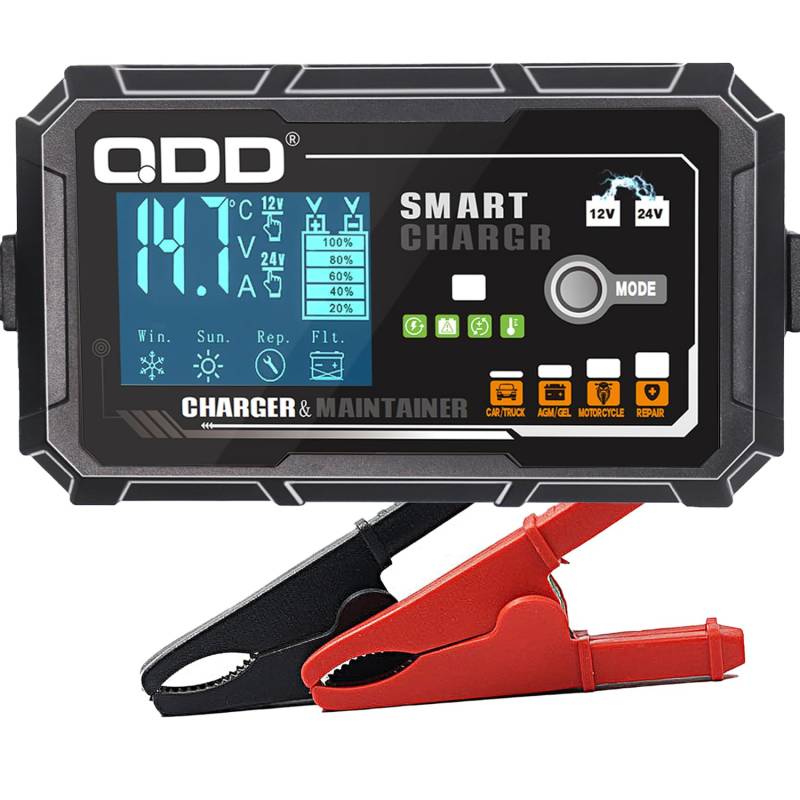QDD 3-Ampere/2-Ampere Intelligentes vollautomatisches Batterieladegerät für Blei-Säure-Batterien, 12 V und 24 V, Erhaltungsladegerät mit Temperaturkompensation für Auto, LKW, Motorrad von QDD