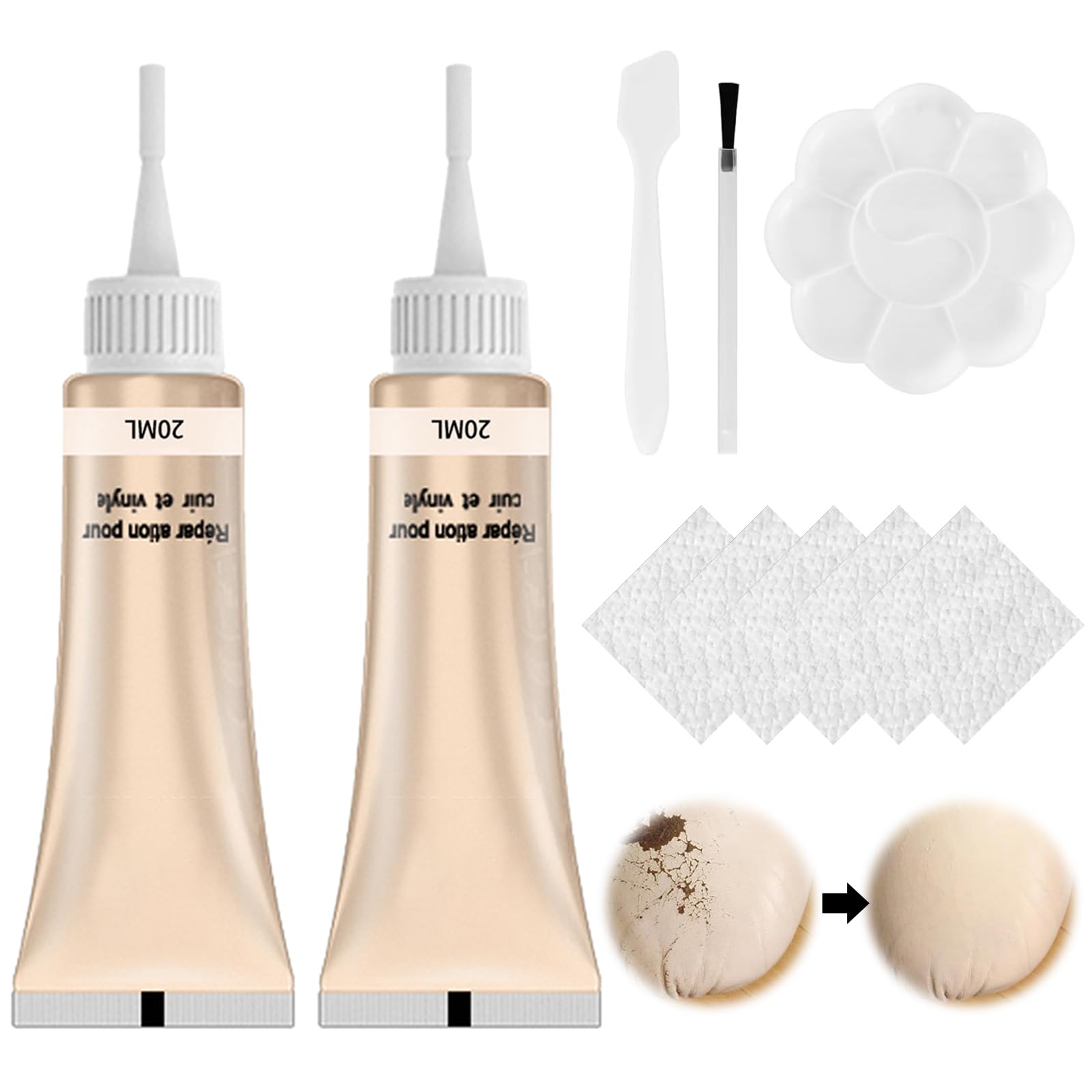 QEEROYO Leder Reparatur Set, 2×20ml Kunstleder Reparaturset, Lederreparatur Creme, Leder Kratzer Entferner, Reparatur Set für Autositze,Sofas, Lederjacke,Schuhe,Gürtel Kratzer,Löcher, Beige QEEROYO Leder Reparatur Set, 2×20ml Kunstleder Reparaturset, Lederreparatur Creme, Leder Kratzer Entferner, Reparatur Set für Autositze,Sofas, Lederjacke,Schuhe,Gürtel Kratzer,Löcher, Beige von QEEROYO