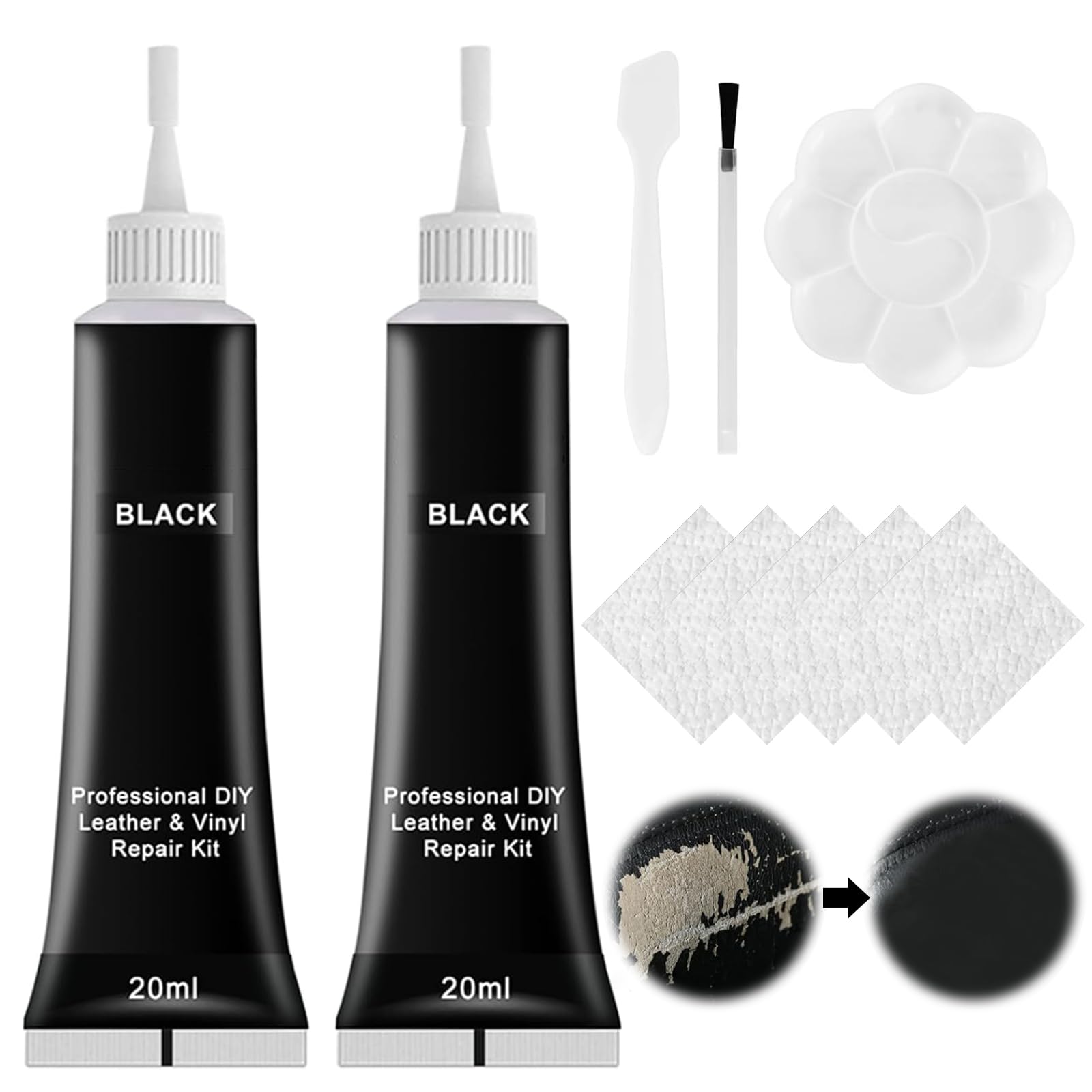 QEEROYO Leder Reparatur Set, 2×20ml Kunstleder Reparaturset, Lederreparatur Creme, Leder Kratzer Entferner, Reparatur Set für Autositze,Sofas, Lederjacke,Schuhe,Gürtel Kratzer,Löcher, Schwarz QEEROYO Leder Reparatur Set, 2×20ml Kunstleder Reparaturset, Lederreparatur Creme, Leder Kratzer Entferner, Reparatur Set für Autositze,Sofas, Lederjacke,Schuhe,Gürtel Kratzer,Löcher, Schwarz von QEEROYO
