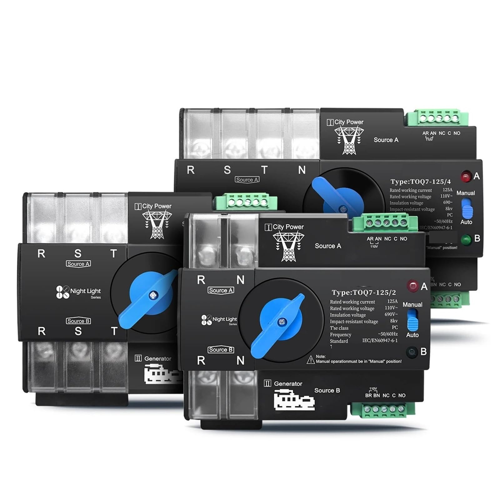 3-Phasen-2P3P4P 63A 100A 125A 110V Dual Power Automatic Transfer Elektrischer Wahlschalter Unterbrechungsfrei TOQ7 1St(4P L N 110V-120V,100A) von QEJBQKWU