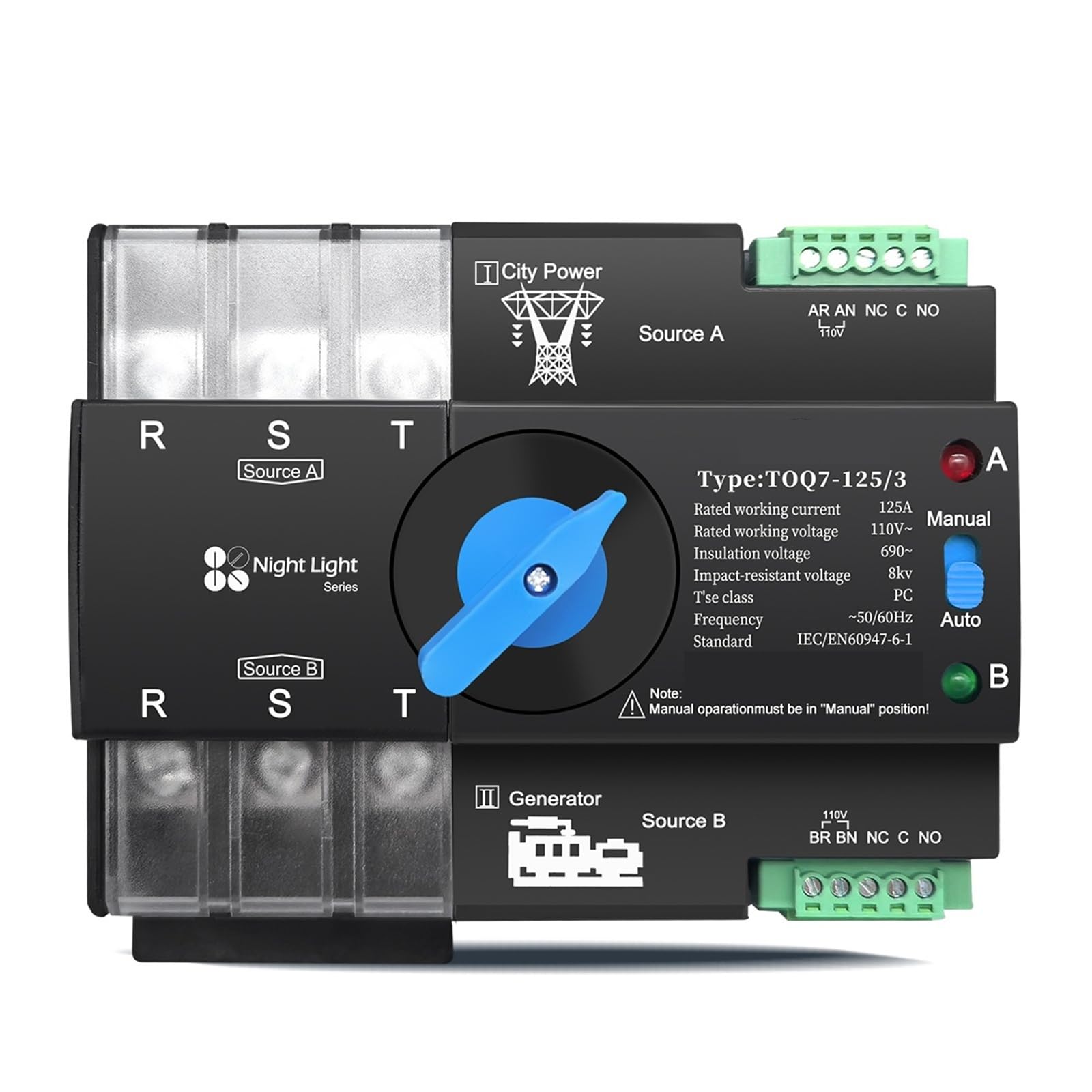 3-Phasen-ATS 3P 63A 100A 110V 120V Dual Power Automatic Transfer Elektrischer Wahlschalter Unterbrechungsfrei 1St(125A) von QEJBQKWU