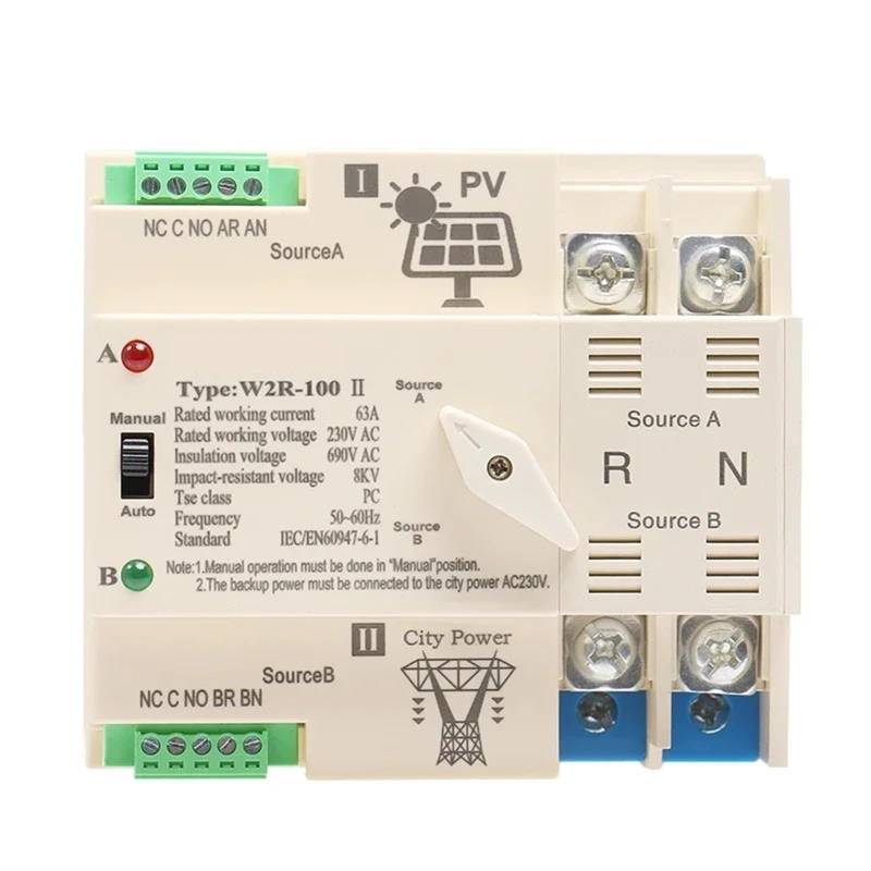 Photovoltaik Power Automatische Transfer Switch Unterbrechungsfreie 2P 63A 100A AC220V ATS PV Power 1Pcs(2P 100A,PV 110V) von QEJBQKWU
