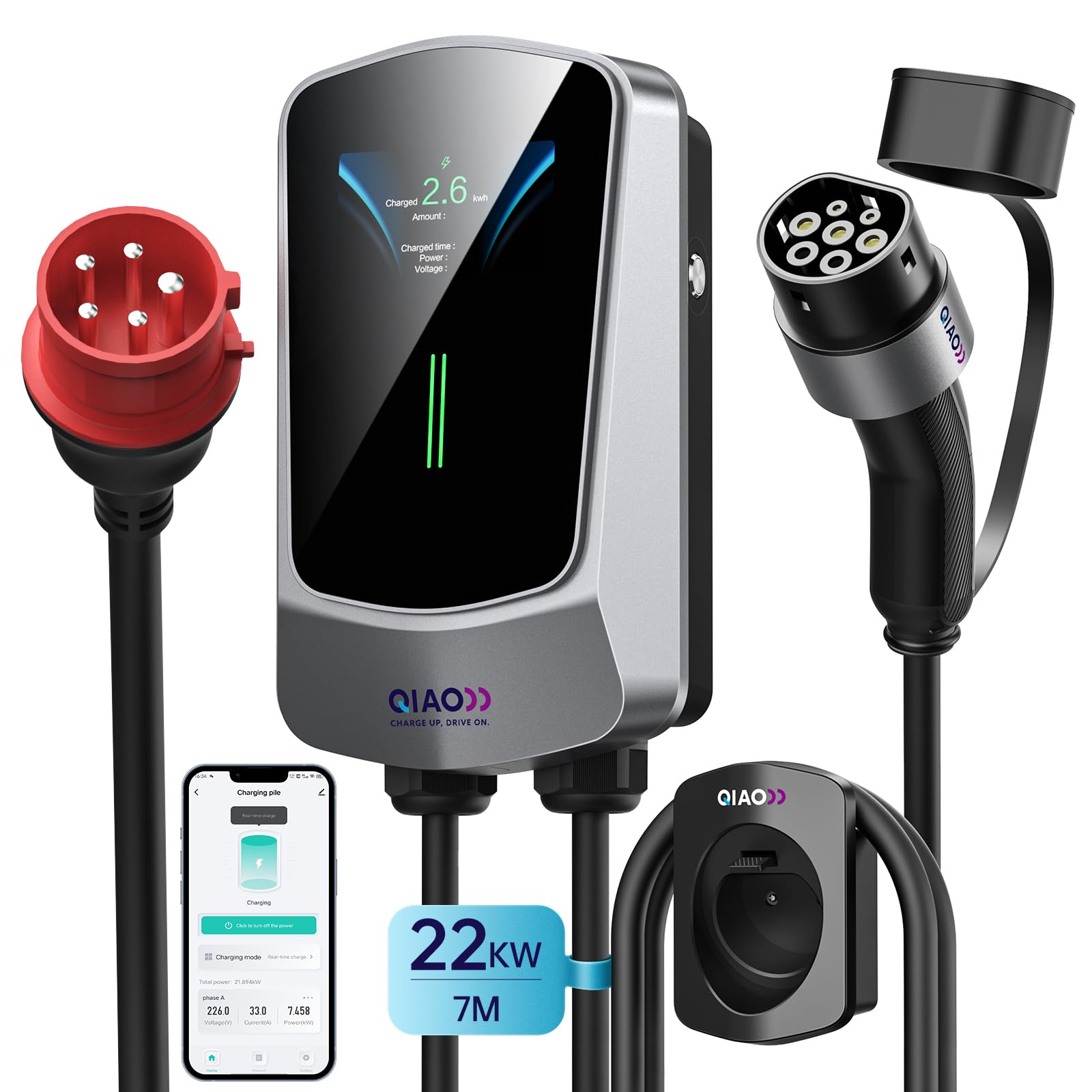 QIAO)) 22 kW EV-Ladegerät Typ 2, 7M Home Wallbox-Ladestation mit 4,3-Zoll-LCD-Display, Smart-App | 8–32 A | Kabelhalter, max. 3-phasiger 32-A-CEE-Stecker auf Typ 2 für Elektrofahrzeuge EVs PHEVs von QIAO))