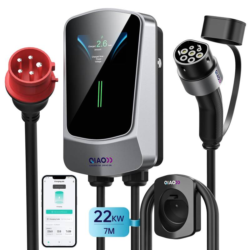 QIAO)) 22 kW EV-Ladegerät Typ 2, 7M Home Wallbox-Ladestation mit 4,3-Zoll-LCD-Display, Smart-App | 8–32 A | Kabelhalter, max. 3-phasiger 32-A-CEE-Stecker auf Typ 2 für Elektrofahrzeuge EVs PHEVs von QIAO))