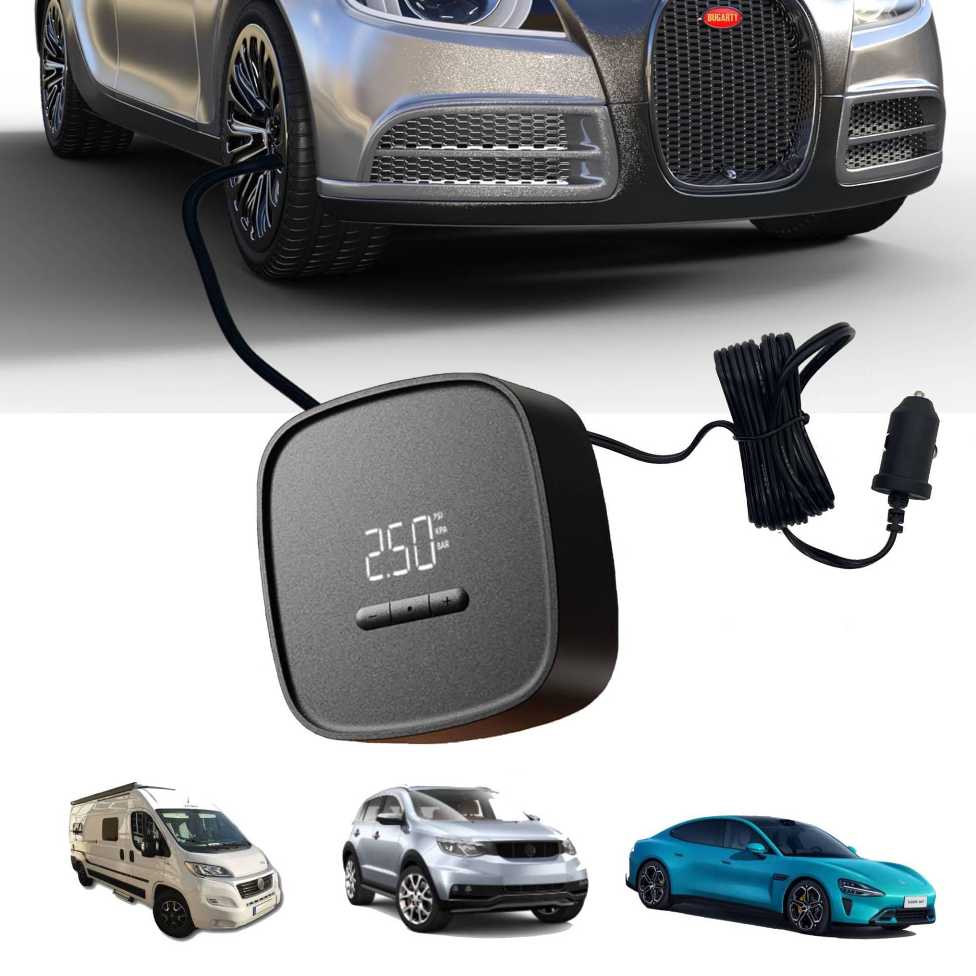 QICYCLE Feuerfest A1 Luftkompressor 12V, Kompressor Auto luftpumpe Elektrisch für Reifen mit Manometer, Memory-Funktion und 2,9m Kabel, Tragbarer Mini Kompressor mit Schrader-Ventilen ohne LED-Licht von QICYCLE