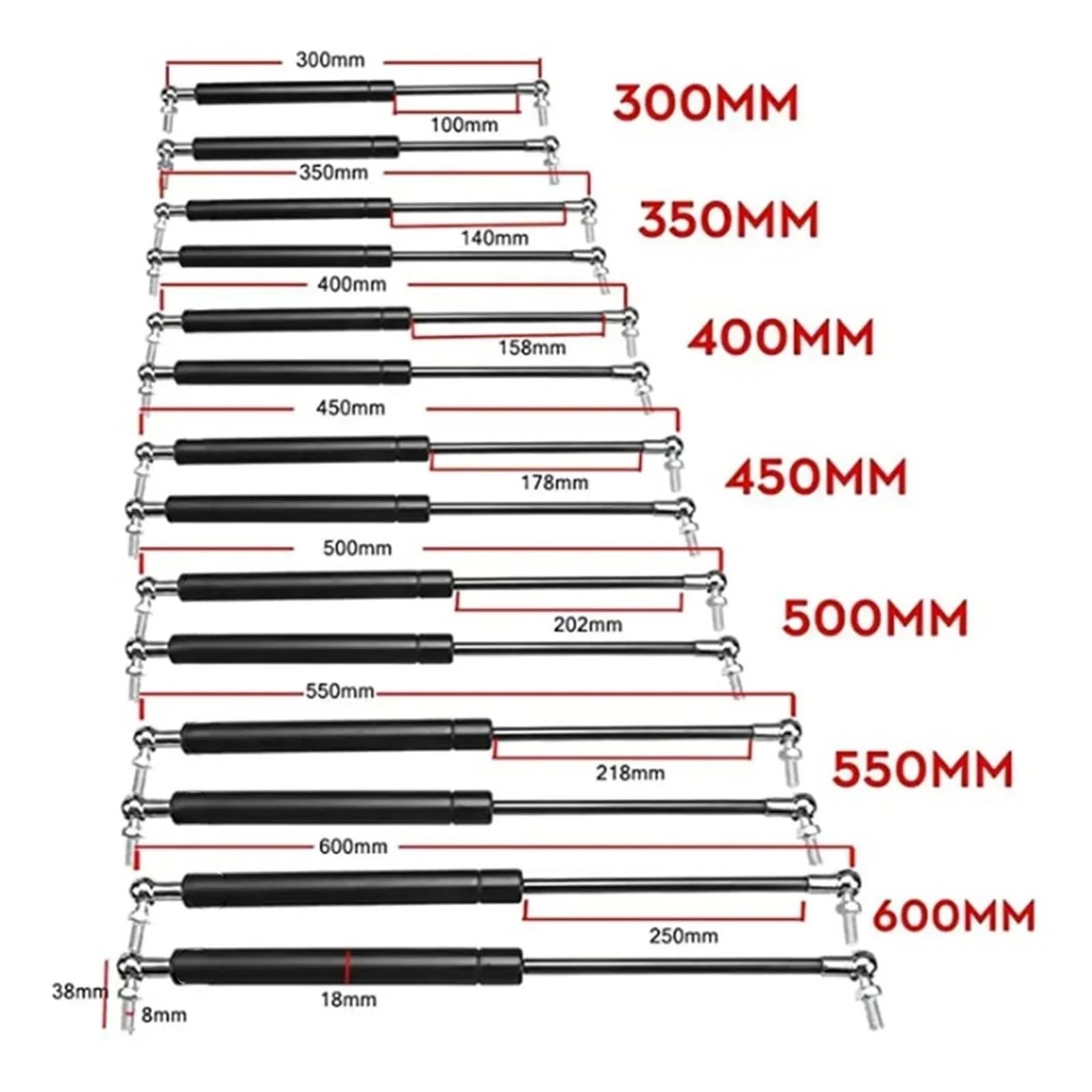 Heckklappendämpfer 2Pcs Universal Lift Unterstützung Vorderen Motorhaube Haube Hinten Stamm Schock Bar Gas Frühling 300-600mm 300N Gasfeder Stoßdämpfer(250mm) von QINGHUAWANG