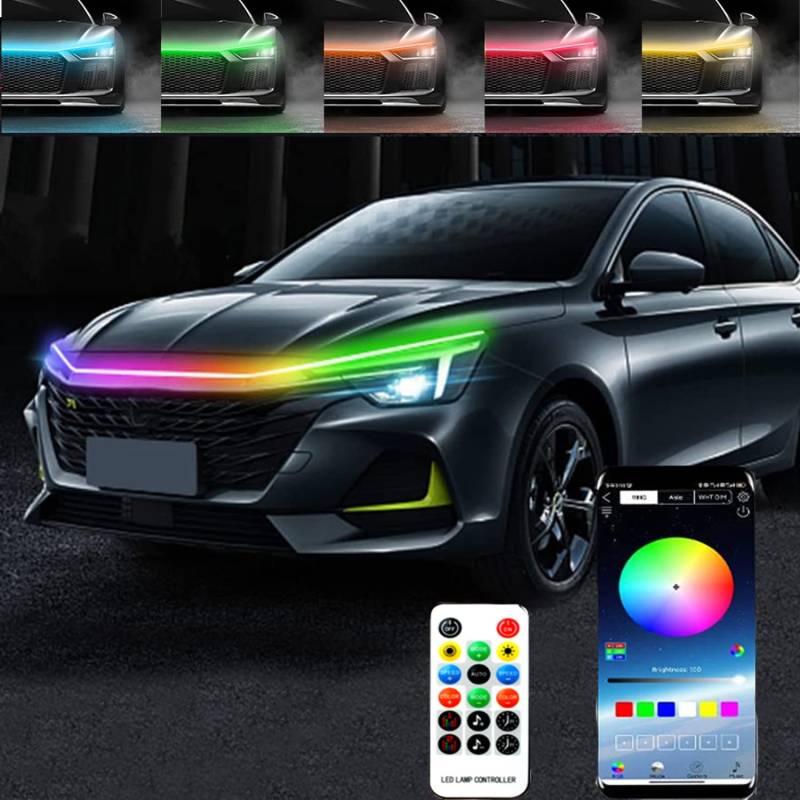 Auto Led Lichter, 12V Auto Motorhaube Lichtstreifen wasserdicht RGB Mehrfarbig Fernbedienung Tagfahrlicht dekorative Beleuchtung für Autos, SUVs, LKWs (70inch) von QINGQUE