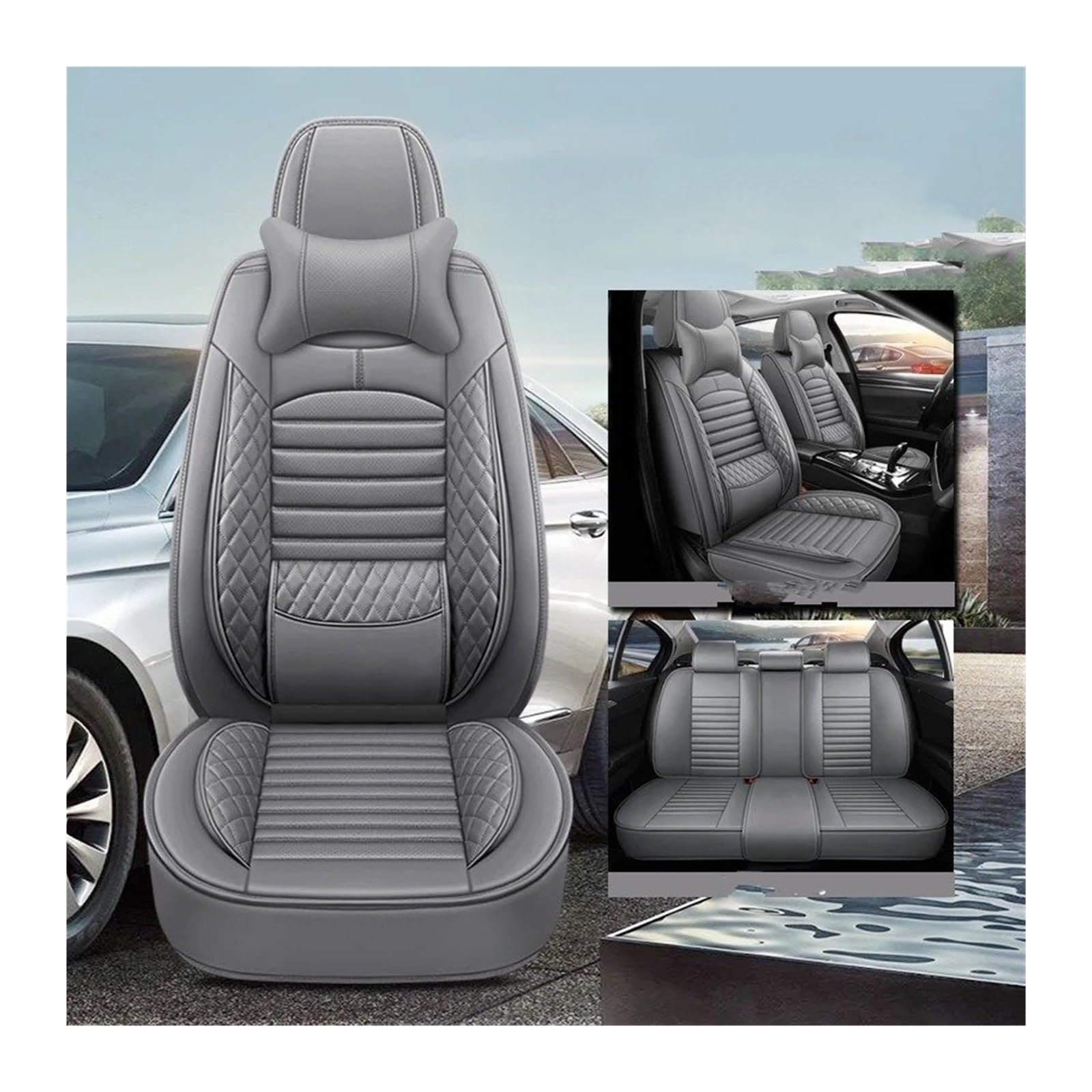Autositzbezüge Für Mazda Cx5 Bt50 3 Bk Bl 6 Gg Cx3 Cx30 Cx7 Demio Universal Leder Auto Zubehör Auto Sitzbezug Sitzbezug Auto(with Pillow Grey) von QINSHU