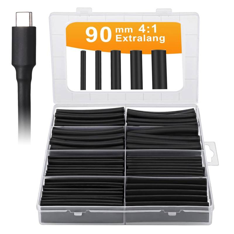 90mm Extra lange 4:1 Schrumpfschlauch Set - Wasserdicht mit Kleber, Isolierschlauch mit 5 verschiedenen Größen Ideal für Elektrische Isolierung und Drahtverbinder（schwarz, 100 Stück） von QITIXI:OU