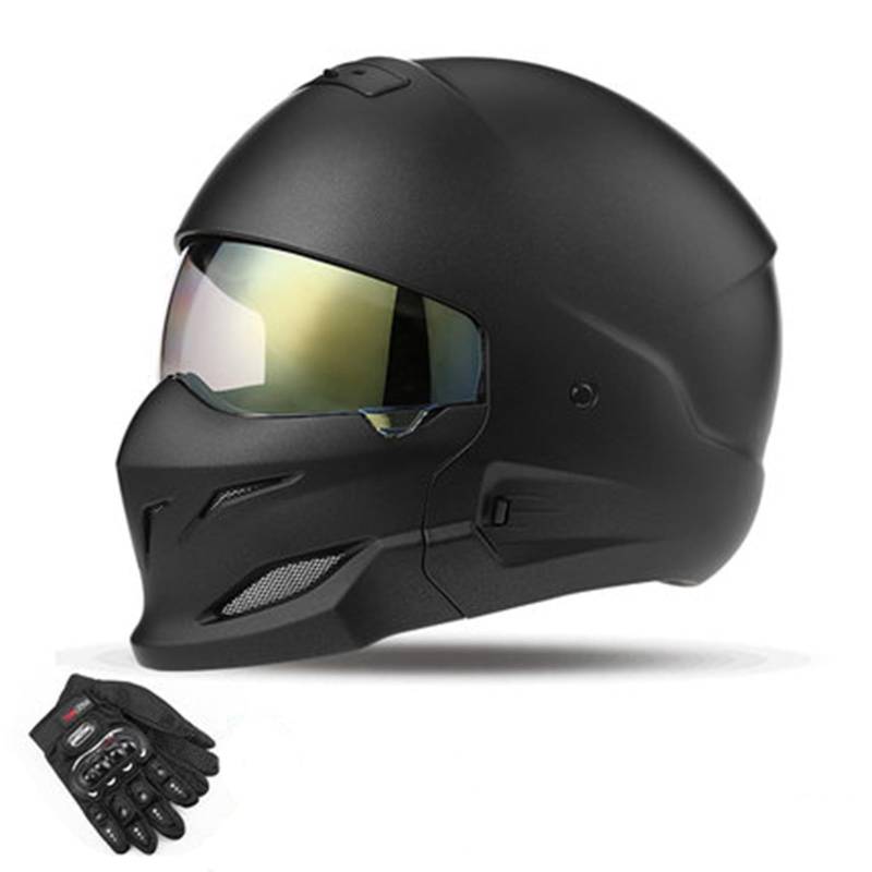 QJWMatic Persönlichkeit Motorradhelm Abnehmbarer Kinnhelm Männer Frauen Retro Street Fighter Kombination Vier Jahreszeiten Helme Mit Handschuhen ECE-Zertifiziert A,XL57-58CM von QJWMatic