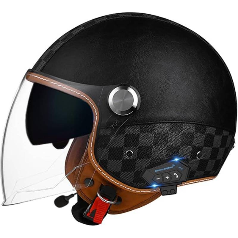 QJWMatic Bluetooth Halbhelme Motorradhelm Retro Jet Half Helm Mit Doppellinsen Roller Scooter-Helm Für Herren Und Damen ECE-Zertifizierung A,L59-60CM von QJWMatic