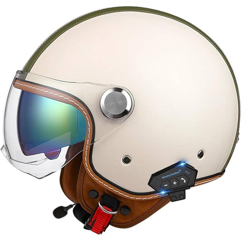 QJWMatic Bluetooth Halbhelme Motorradhelm Retro Jet Half Helm Mit Doppellinsen Roller Scooter-Helm Für Herren Und Damen ECE-Zertifizierung B,L59-60CM von QJWMatic