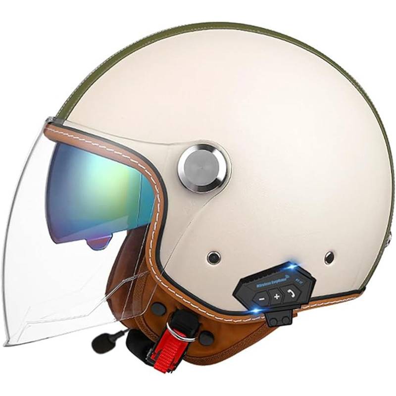 QJWMatic Bluetooth Halbhelme Motorradhelm Retro Jet Half Helm Mit Doppellinsen Roller Scooter-Helm Für Herren Und Damen ECE-Zertifizierung C,L59-60CM von QJWMatic