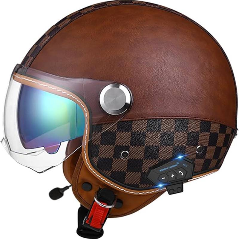 QJWMatic Bluetooth Halbhelme Motorradhelm Retro Jet Half Helm Mit Doppellinsen Roller Scooter-Helm Für Herren Und Damen ECE-Zertifizierung D,L59-60CM von QJWMatic