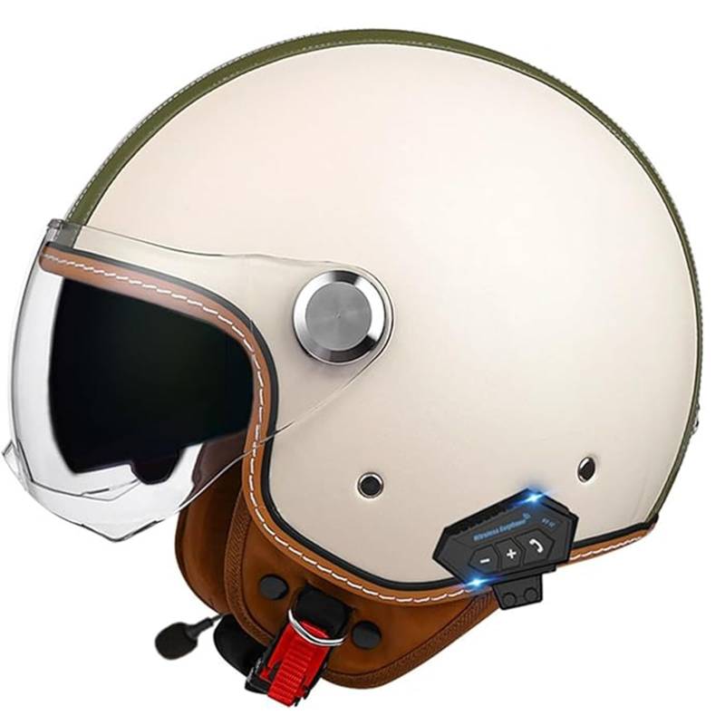 QJWMatic Bluetooth Halbhelme Motorradhelm Retro Jet Half Helm Mit Doppellinsen Roller Scooter-Helm Für Herren Und Damen ECE-Zertifizierung E,M57-58CM von QJWMatic
