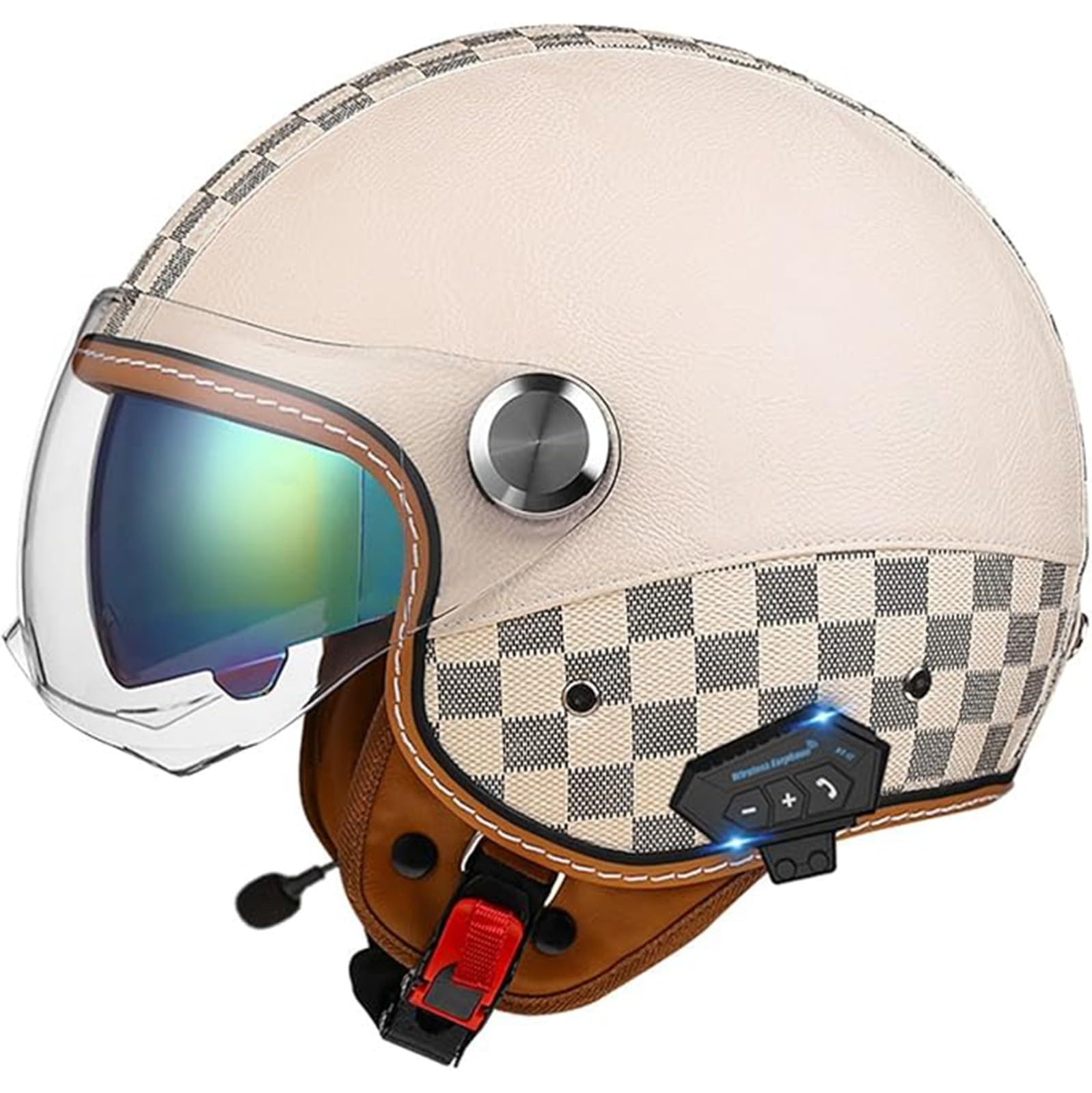 QJWMatic Bluetooth Halbhelme Motorradhelm Retro Jet Half Helm Mit Doppellinsen Roller Scooter-Helm Für Herren Und Damen ECE-Zertifizierung F,XXL63-64CM QJWMatic Bluetooth Halbhelme Motorradhelm Retro Jet Half Helm Mit Doppellinsen Roller Scooter-Helm Für Herren Und Damen ECE-Zertifizierung F,XXL63-64CM von QJWMatic
