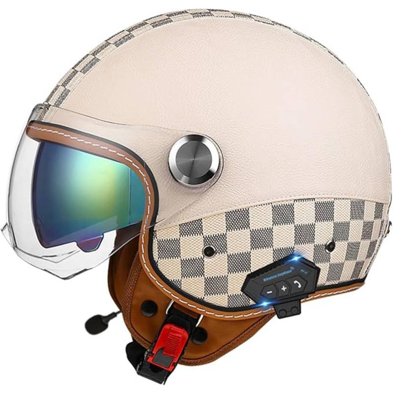 QJWMatic Bluetooth Halbhelme Motorradhelm Retro Jet Half Helm Mit Doppellinsen Roller Scooter-Helm Für Herren Und Damen ECE-Zertifizierung F,XXL63-64CM von QJWMatic