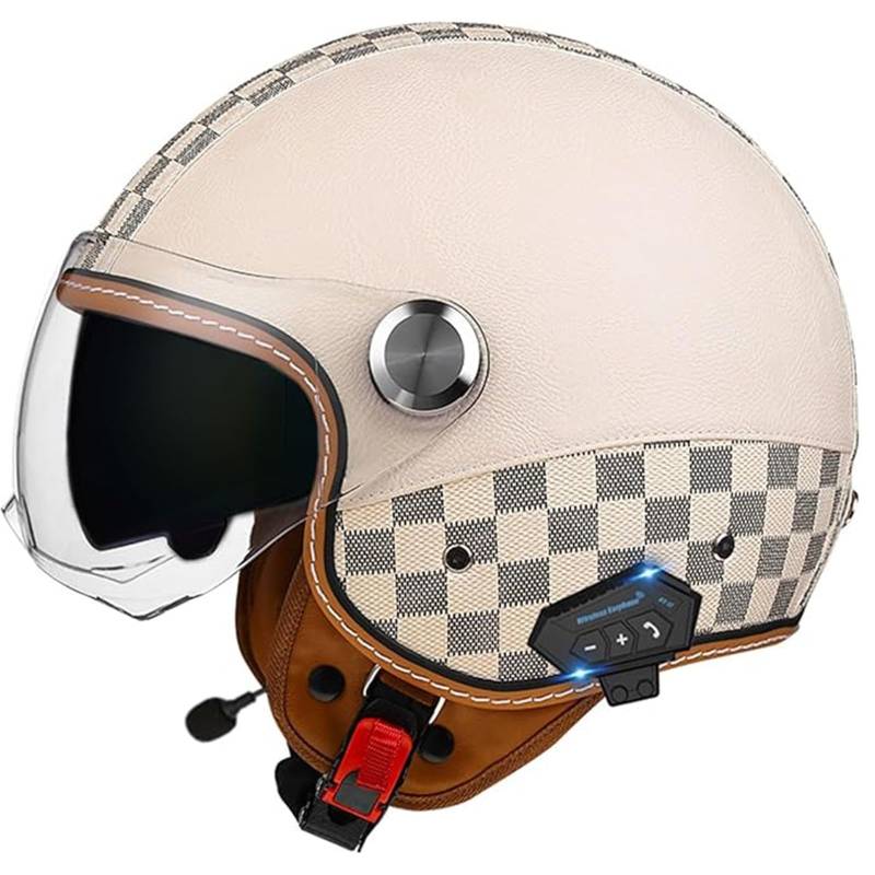 QJWMatic Bluetooth Halbhelme Motorradhelm Retro Jet Half Helm Mit Doppellinsen Roller Scooter-Helm Für Herren Und Damen ECE-Zertifizierung G,L59-60CM von QJWMatic