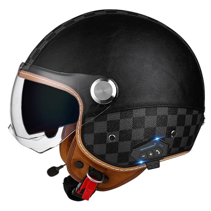 QJWMatic Bluetooth Halbhelme Motorradhelm Retro Jet Half Helm Mit Doppellinsen Roller Scooter-Helm Für Herren Und Damen ECE-Zertifizierung H,L59-60CM von QJWMatic