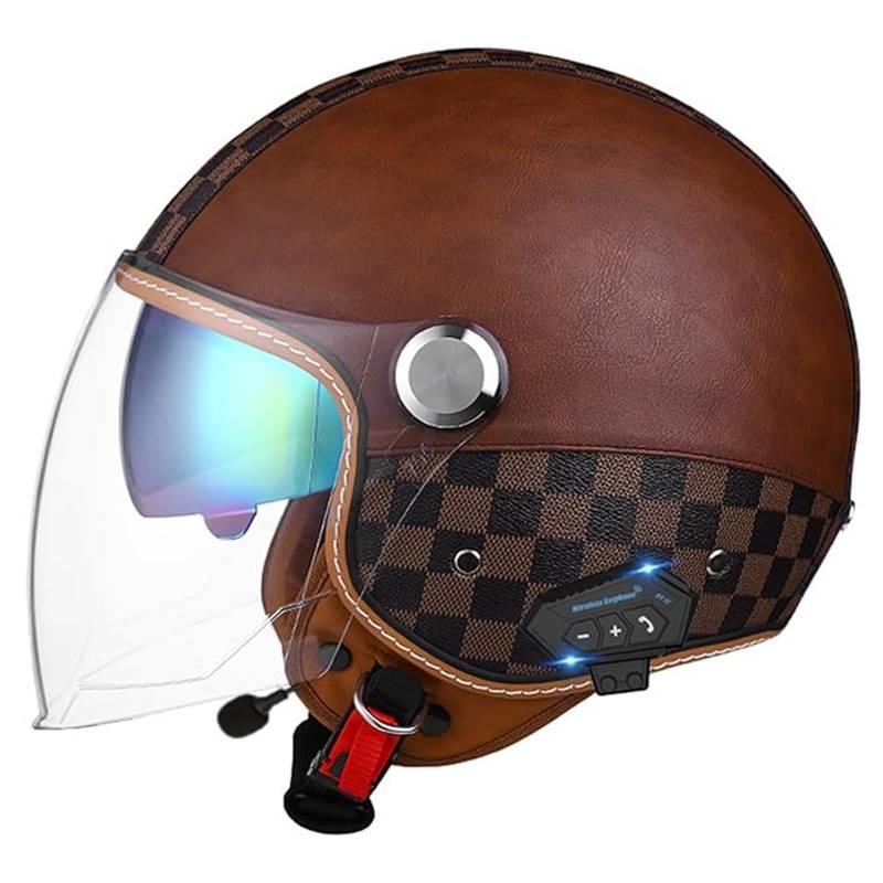 QJWMatic Bluetooth Halbhelme Motorradhelm Retro Jet Half Helm Mit Doppellinsen Roller Scooter-Helm Für Herren Und Damen ECE-Zertifizierung I,L59-60CM von QJWMatic