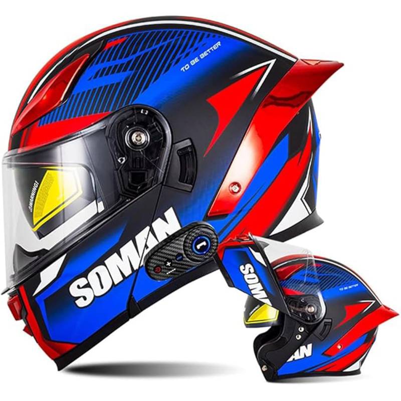 QJWMatic Bluetooth-Modularhelm für Motorradfahrer, modischer Integralhelm mit hochklappbarer Frontklappe, Motorradrennhelm für Männer und Frauen, Doppelvisierhelm, ECE-Zulassung A,XL61-62CM von QJWMatic
