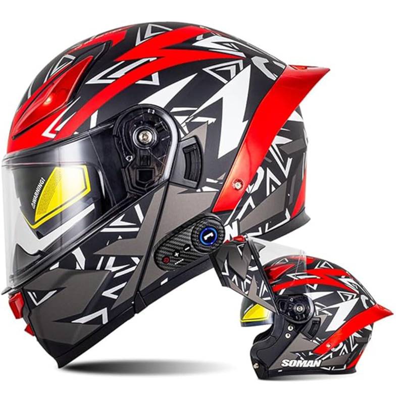 QJWMatic Bluetooth-Modularhelm für Motorradfahrer, modischer Integralhelm mit hochklappbarer Frontklappe, Motorradrennhelm für Männer und Frauen, Doppelvisierhelm, ECE-Zulassung D,S55-56CM von QJWMatic