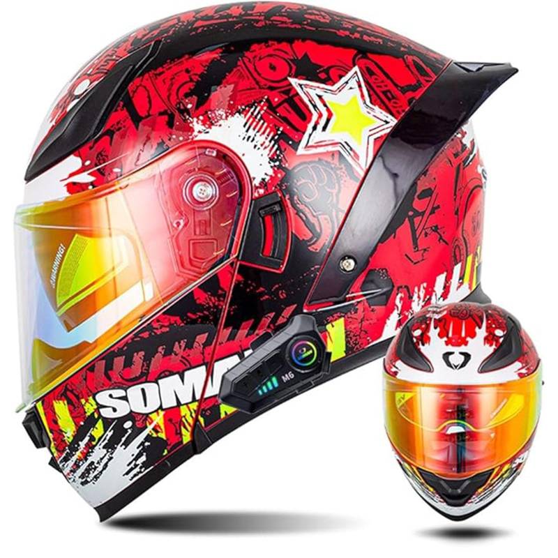 QJWMatic Integralhelme Mit Bluetooth-Funktion, Hochklappbar, Modular, Integrierte Helme Für Erwachsene Männer Und Frauen Doppelvisier Straßenhelm ECE-Zulassung F,XXL63-64CM von QJWMatic