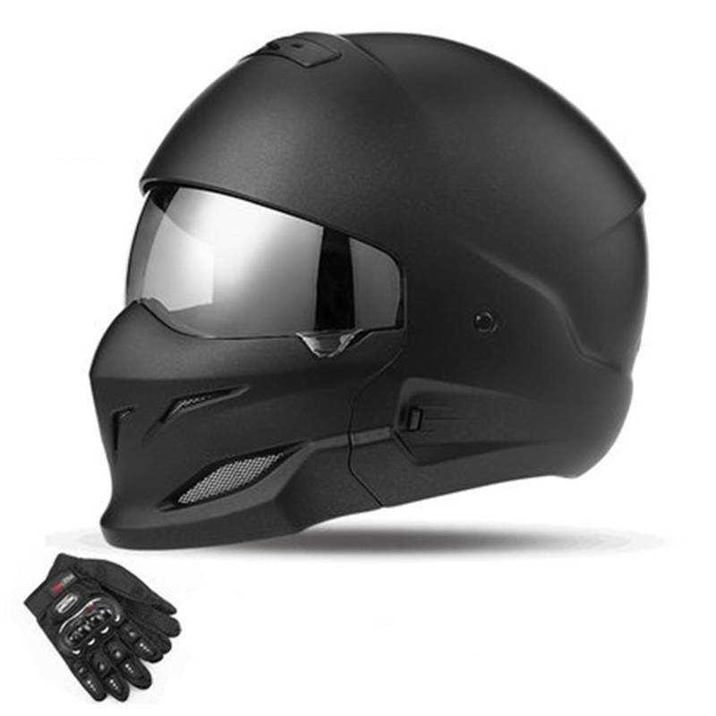 QJWMatic Persönlichkeit Motorradhelm Abnehmbarer Kinnhelm Männer Frauen Retro Street Fighter Kombination Vier Jahreszeiten Helme Mit Handschuhen ECE-Zertifiziert F,L55-56CM von QJWMatic