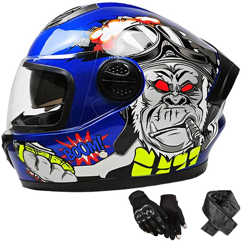 Motorradhelm Doppelvisier Integralhelm für Damen und Herren DOT/ECE-Zulassung Fullface Helm mit Sonnenblende Rollerhelm Sturzhelm, Größe: 58-62cm Q von QKBMFK