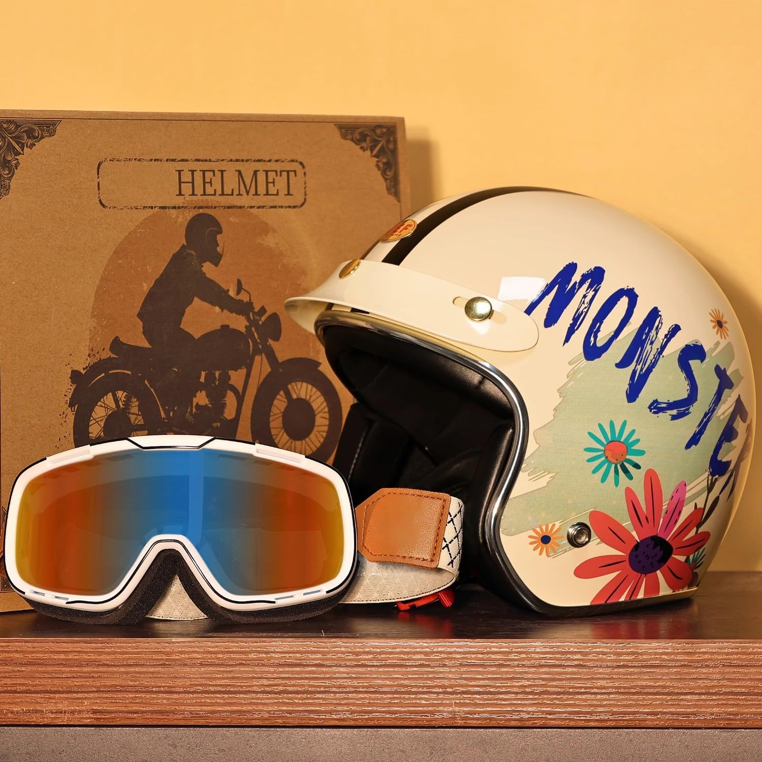 Retro Motorradhelm 3/4 Halber Motorrad Helm Jethelme Scooter Mofa-Helm Anti-Collision Helm für Erwachsene Herren Damen B,XL/59-61 cm Retro Motorradhelm 3/4 Halber Motorrad Helm Jethelme Scooter Mofa-Helm Anti-Collision Helm für Erwachsene Herren Damen B,XL/59-61 cm von QKBMFK