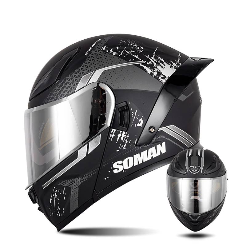 Modularer Motorradhelm Mit Farbigen Linsen, Flip Up Helm Erwachsener Motorradhelm Mit Doppelvisier, ECE-Geprüfter Schneemobilhelme Für Männer Und Frauen A2,L/{59~60cm} von QKDWQZ