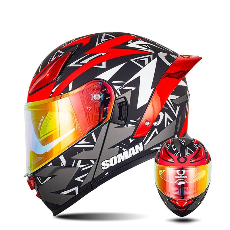 Modularer Motorradhelm Mit Farbigen Linsen, Flip Up Helm Erwachsener Motorradhelm Mit Doppelvisier, ECE-Geprüfter Schneemobilhelme Für Männer Und Frauen A3,XL/{61~62cm} von QKDWQZ