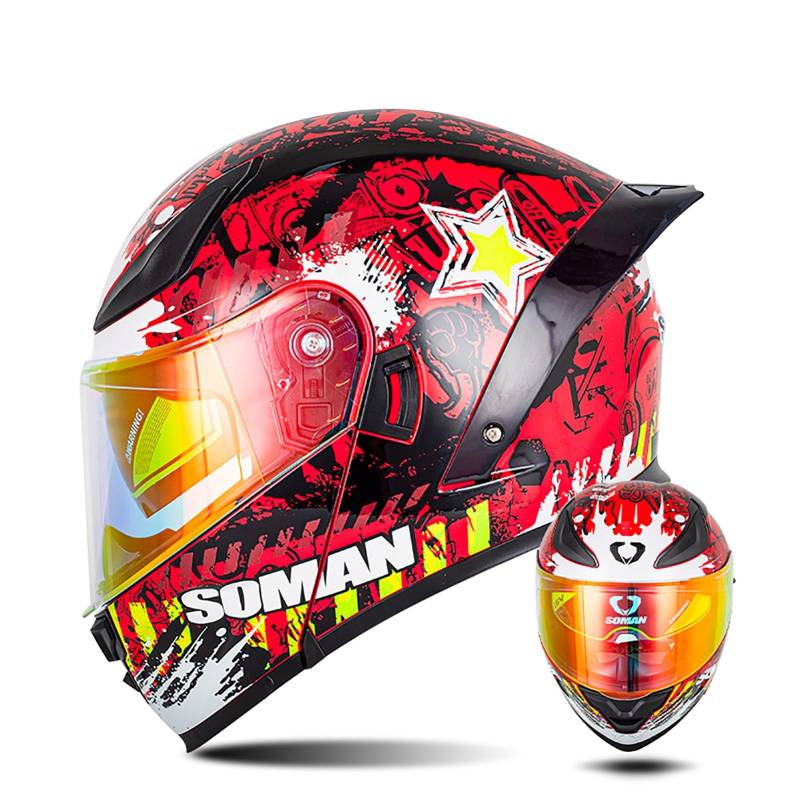 Modularer Motorradhelm Mit Farbigen Linsen, Flip Up Helm Erwachsener Motorradhelm Mit Doppelvisier, ECE-Geprüfter Schneemobilhelme Für Männer Und Frauen A4,XL/{61~62cm} von QKDWQZ