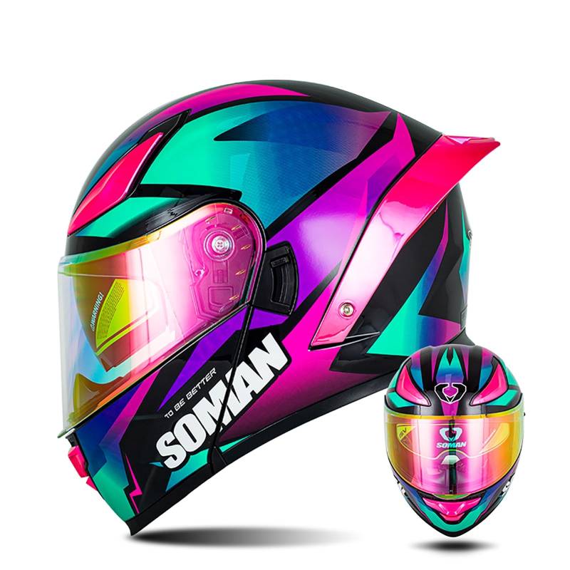 Modularer Motorradhelm Mit Farbigen Linsen, Flip Up Helm Erwachsener Motorradhelm Mit Doppelvisier, ECE-Geprüfter Schneemobilhelme Für Männer Und Frauen C1,M/{57~58cm} von QKDWQZ