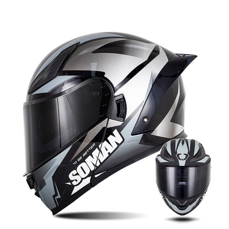 Modularer Motorradhelm Mit Farbigen Linsen, Flip Up Helm Erwachsener Motorradhelm Mit Doppelvisier, ECE-Geprüfter Schneemobilhelme Für Männer Und Frauen C2,XXL/{63~64cm} von QKDWQZ