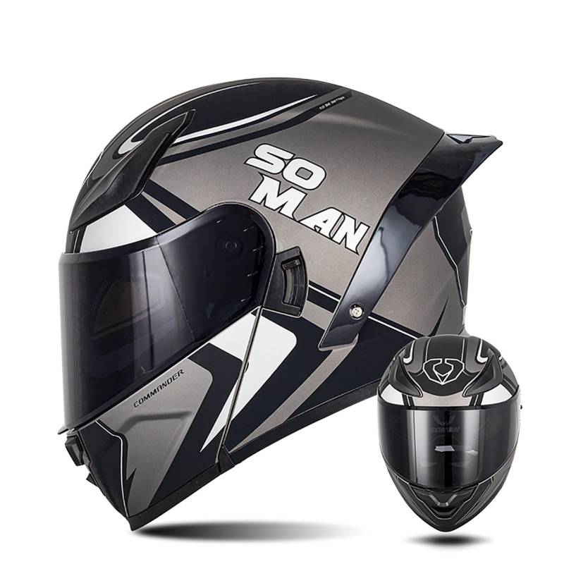 Modularer Motorradhelm Mit Farbigen Linsen, Flip Up Helm Erwachsener Motorradhelm Mit Doppelvisier, ECE-Geprüfter Schneemobilhelme Für Männer Und Frauen C3,L/{59~60cm} von QKDWQZ