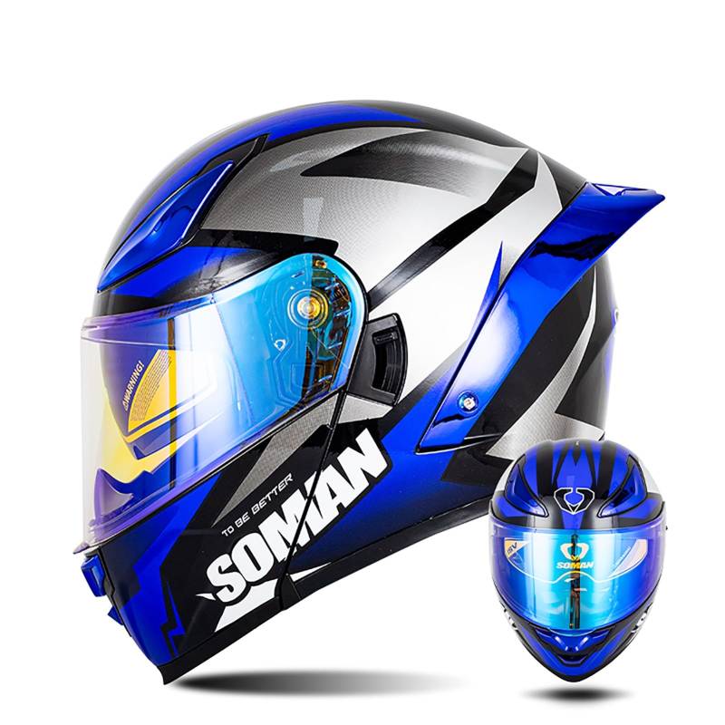 Modularer Motorradhelm Mit Farbigen Linsen, Flip Up Helm Erwachsener Motorradhelm Mit Doppelvisier, ECE-Geprüfter Schneemobilhelme Für Männer Und Frauen D1,L/{59~60cm} von QKDWQZ