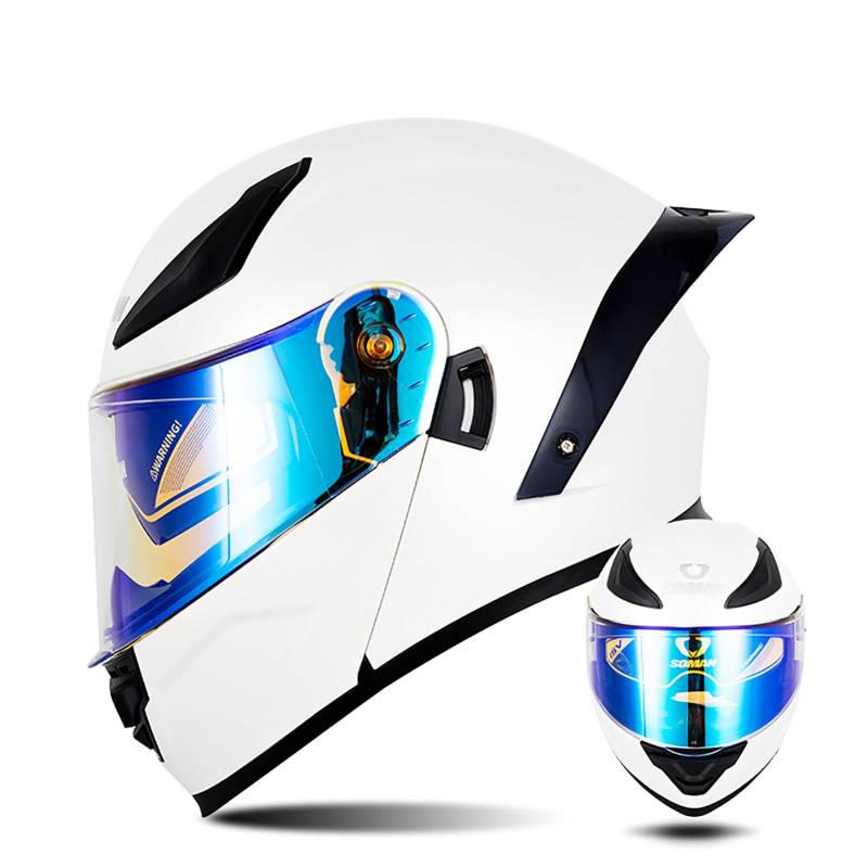 Modularer Motorradhelm Mit Farbigen Linsen, Flip Up Helm Erwachsener Motorradhelm Mit Doppelvisier, ECE-Geprüfter Schneemobilhelme Für Männer Und Frauen E1,L/{59~60cm} von QKDWQZ