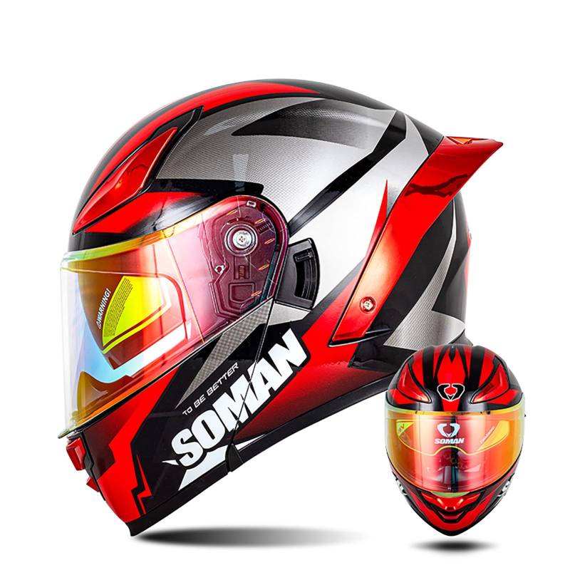 Modularer Motorradhelm Mit Farbigen Linsen, Flip Up Helm Erwachsener Motorradhelm Mit Doppelvisier, ECE-Geprüfter Schneemobilhelme Für Männer Und Frauen E2,XXL/{63~64cm} von QKDWQZ