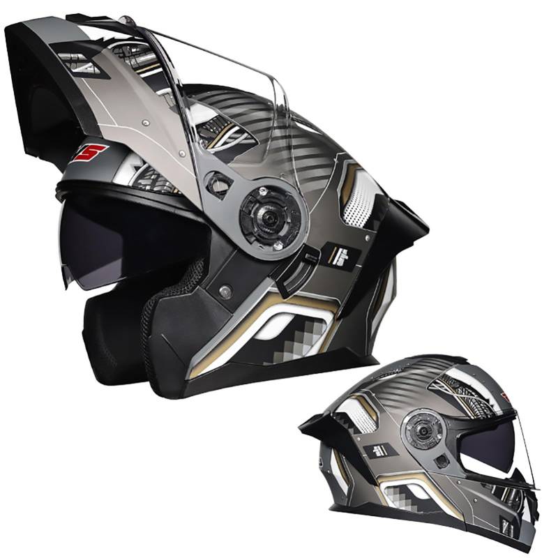 Modularer Motorradhelm Mit Hochklappbarer Vorderseite, Modularer Motorrad-Crashhelm Mit Beschlagfreien Doppelvisieren, DOT/ECE-Zugelassener Integralhelm E2,M/{57~58cm} von QKDWQZ