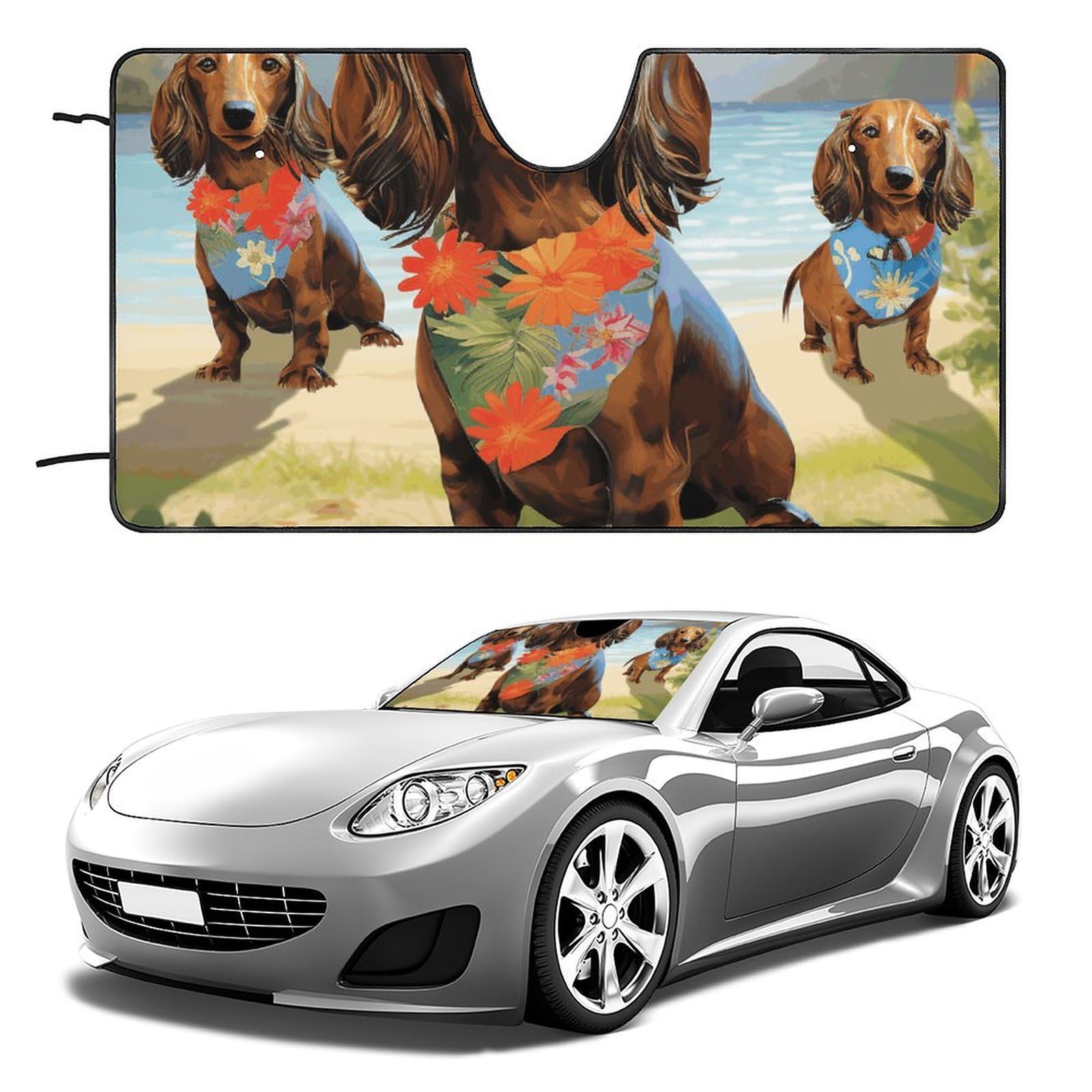 Auto-Windschutzscheiben-Sonnenschutz, Dackel, tropische Malerei, Kunst, faltbarer Sonnenschutz, Sonnenschutz, hält das Fahrzeug kühl, passend für Autos, LKWs, SUVs Auto-Windschutzscheiben-Sonnenschutz, Dackel, tropische Malerei, Kunst, faltbarer Sonnenschutz, Sonnenschutz, hält das Fahrzeug kühl, passend für Autos, LKWs, SUVs von QMNLKH